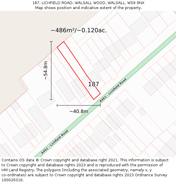 187, LICHFIELD ROAD, WALSALL WOOD, WALSALL, WS9 9NX: Plot and title map