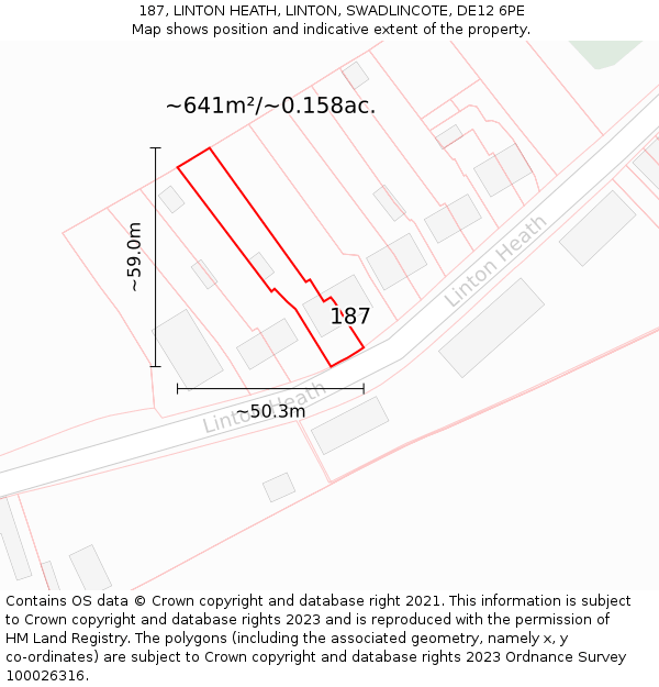 187, LINTON HEATH, LINTON, SWADLINCOTE, DE12 6PE: Plot and title map