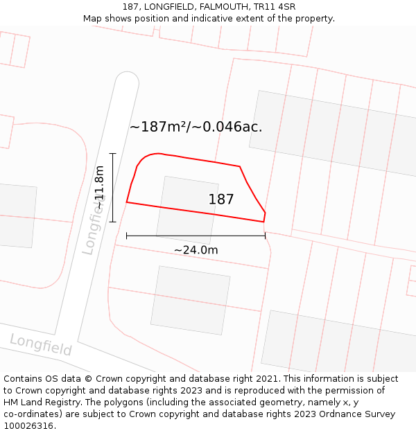 187, LONGFIELD, FALMOUTH, TR11 4SR: Plot and title map
