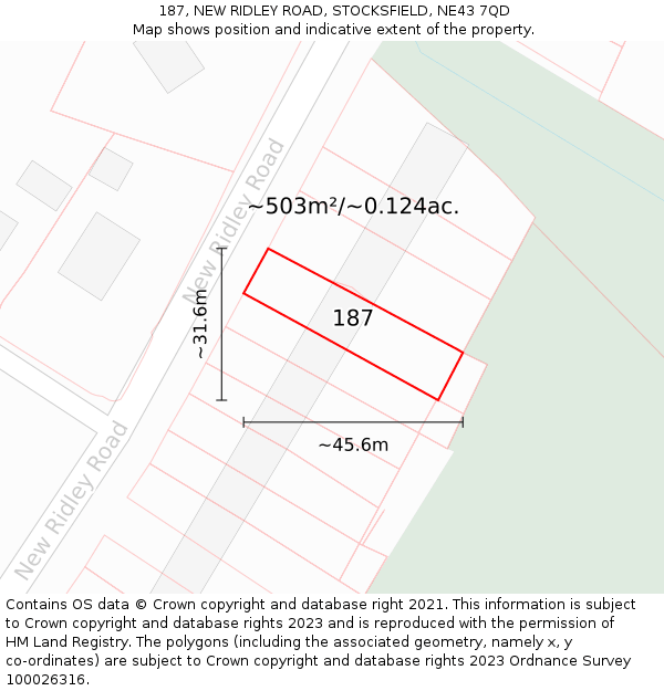 187, NEW RIDLEY ROAD, STOCKSFIELD, NE43 7QD: Plot and title map