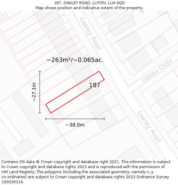 187, OAKLEY ROAD, LUTON, LU4 9QD: Plot and title map