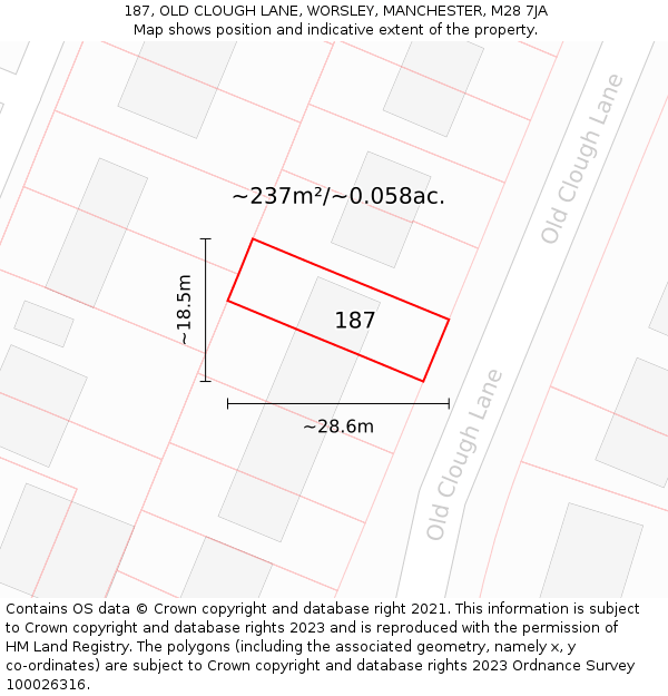 187, OLD CLOUGH LANE, WORSLEY, MANCHESTER, M28 7JA: Plot and title map