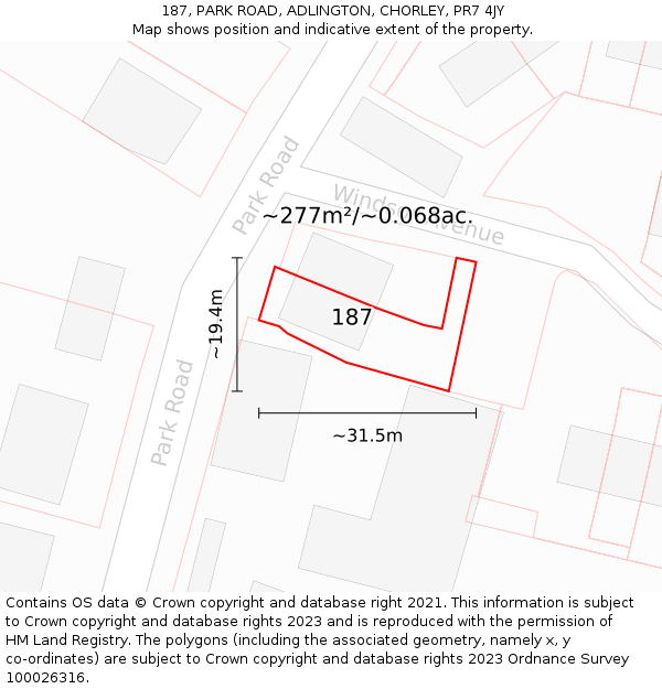 187, PARK ROAD, ADLINGTON, CHORLEY, PR7 4JY: Plot and title map