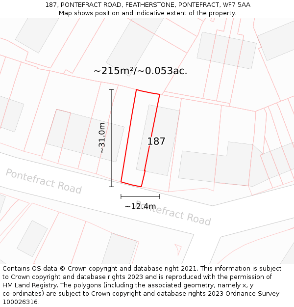 187, PONTEFRACT ROAD, FEATHERSTONE, PONTEFRACT, WF7 5AA: Plot and title map