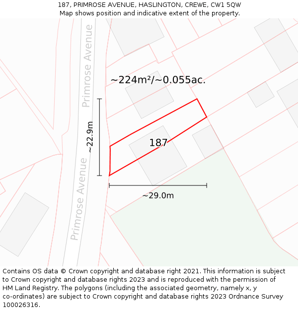 187, PRIMROSE AVENUE, HASLINGTON, CREWE, CW1 5QW: Plot and title map