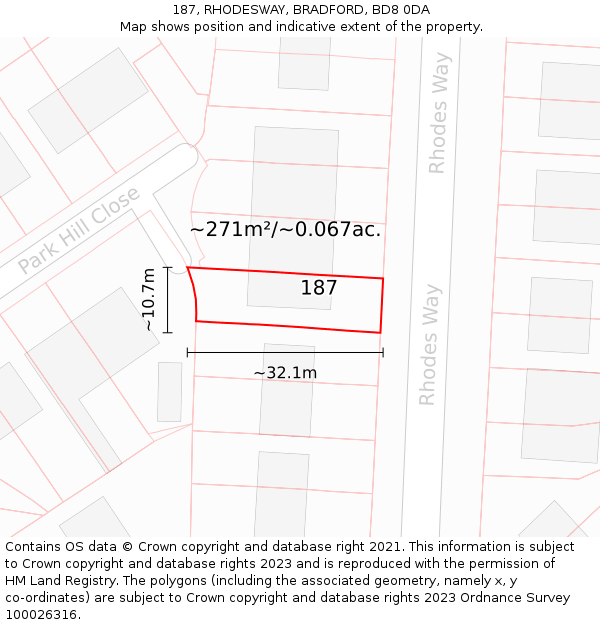 187, RHODESWAY, BRADFORD, BD8 0DA: Plot and title map