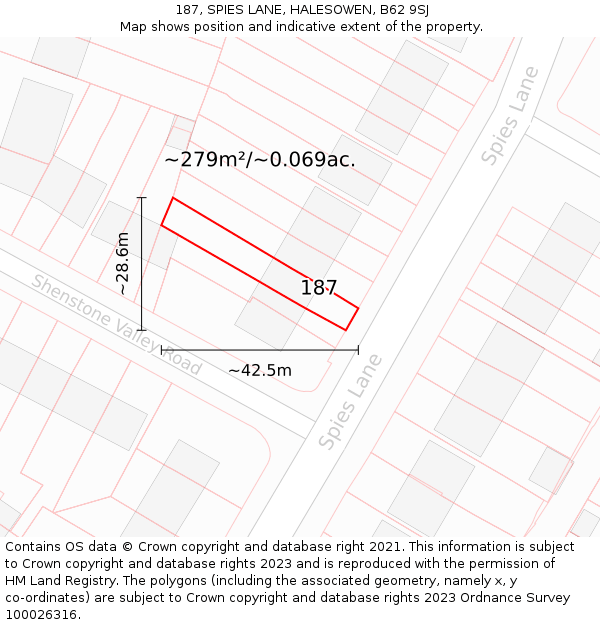 187, SPIES LANE, HALESOWEN, B62 9SJ: Plot and title map