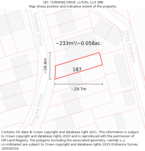 187, TURNPIKE DRIVE, LUTON, LU3 3RB: Plot and title map