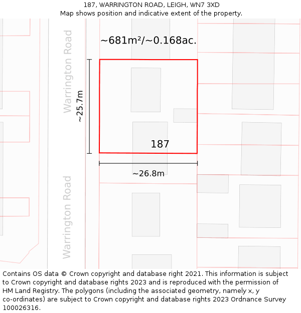 187, WARRINGTON ROAD, LEIGH, WN7 3XD: Plot and title map