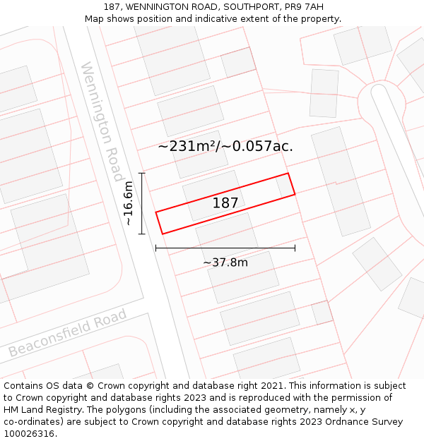 187, WENNINGTON ROAD, SOUTHPORT, PR9 7AH: Plot and title map