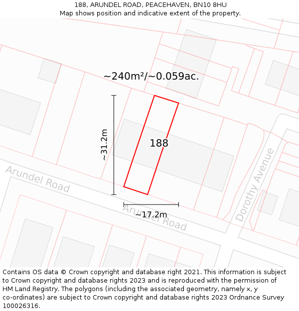 188, ARUNDEL ROAD, PEACEHAVEN, BN10 8HU: Plot and title map