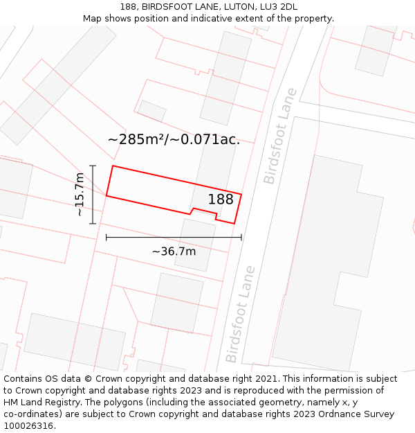 188, BIRDSFOOT LANE, LUTON, LU3 2DL: Plot and title map