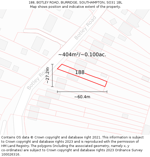 188, BOTLEY ROAD, BURRIDGE, SOUTHAMPTON, SO31 1BL: Plot and title map