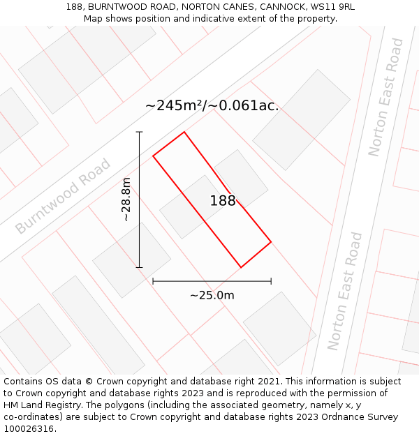 188, BURNTWOOD ROAD, NORTON CANES, CANNOCK, WS11 9RL: Plot and title map