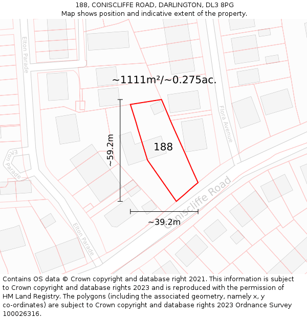 188, CONISCLIFFE ROAD, DARLINGTON, DL3 8PG: Plot and title map