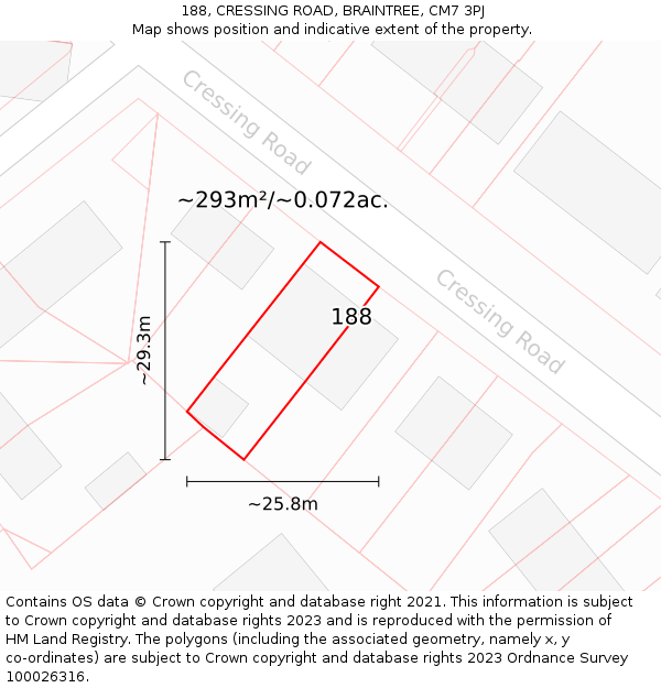 188, CRESSING ROAD, BRAINTREE, CM7 3PJ: Plot and title map