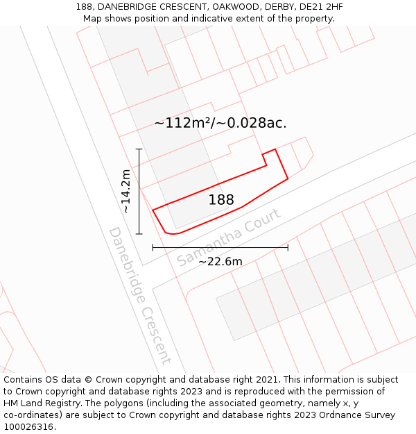 188, DANEBRIDGE CRESCENT, OAKWOOD, DERBY, DE21 2HF: Plot and title map