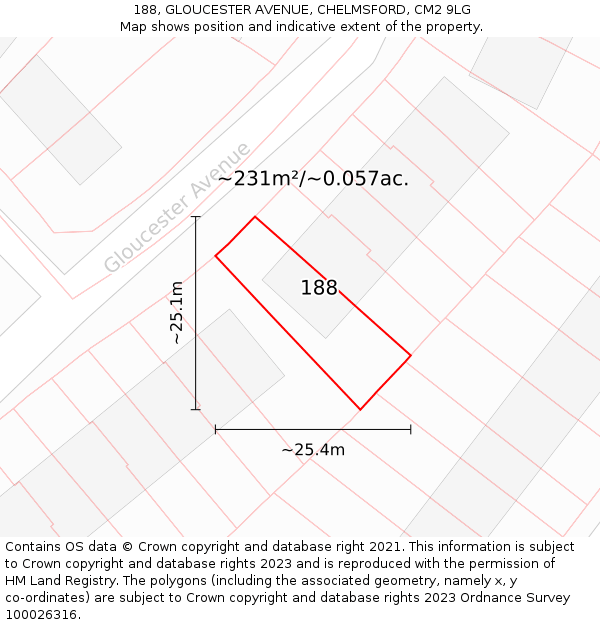 188, GLOUCESTER AVENUE, CHELMSFORD, CM2 9LG: Plot and title map