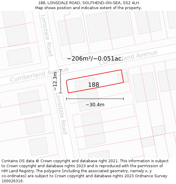 188, LONSDALE ROAD, SOUTHEND-ON-SEA, SS2 4LH: Plot and title map