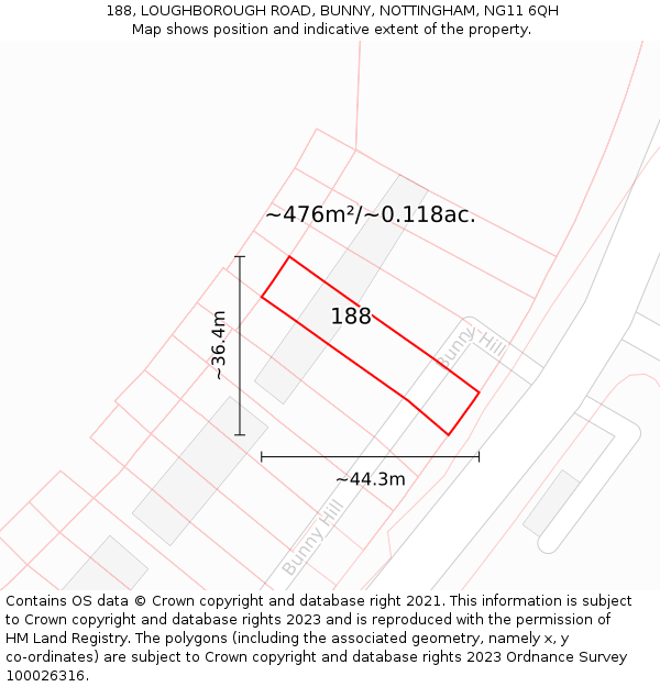 188, LOUGHBOROUGH ROAD, BUNNY, NOTTINGHAM, NG11 6QH: Plot and title map