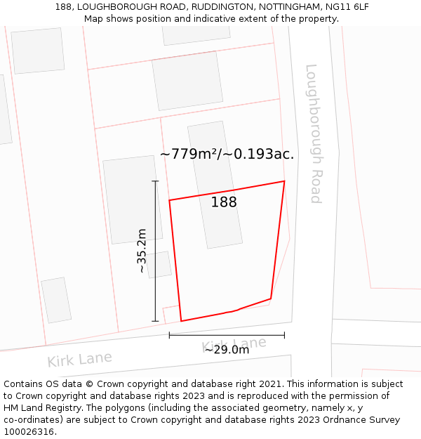 188, LOUGHBOROUGH ROAD, RUDDINGTON, NOTTINGHAM, NG11 6LF: Plot and title map