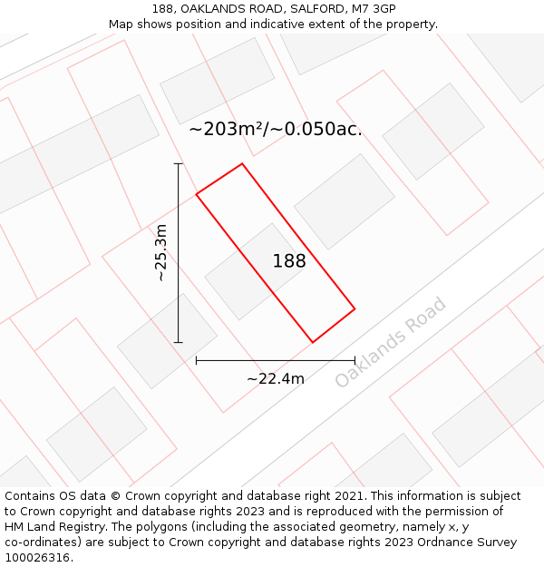 188, OAKLANDS ROAD, SALFORD, M7 3GP: Plot and title map