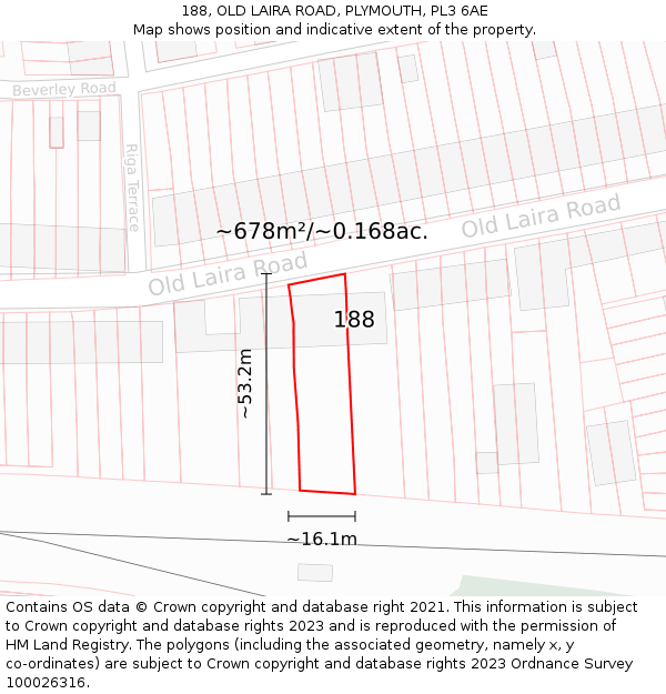 188, OLD LAIRA ROAD, PLYMOUTH, PL3 6AE: Plot and title map