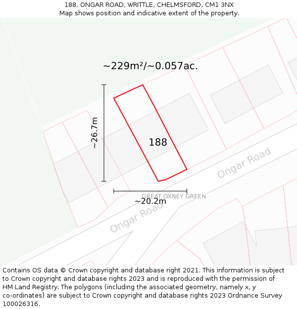 188, ONGAR ROAD, WRITTLE, CHELMSFORD, CM1 3NX: Plot and title map