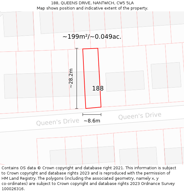 188, QUEENS DRIVE, NANTWICH, CW5 5LA: Plot and title map