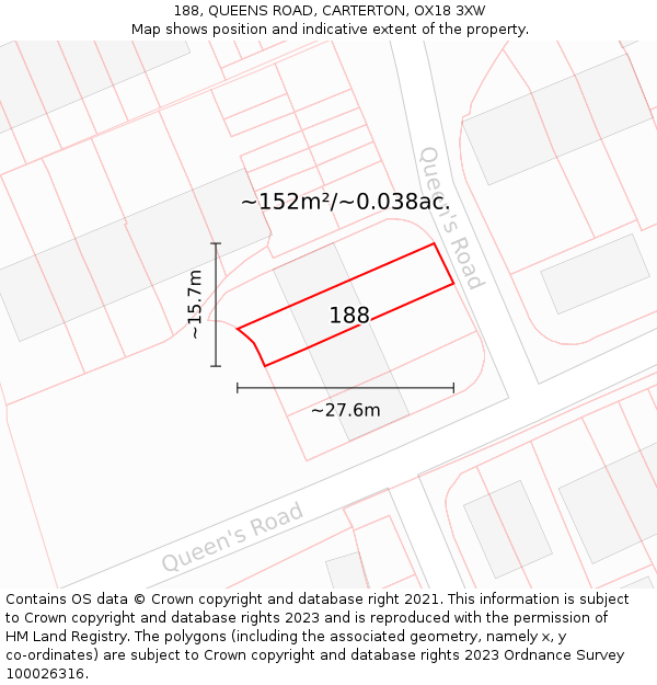 188, QUEENS ROAD, CARTERTON, OX18 3XW: Plot and title map