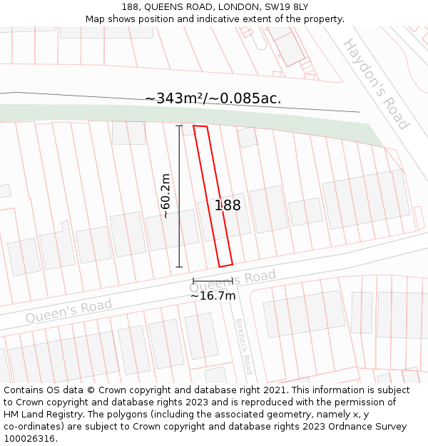 188, QUEENS ROAD, LONDON, SW19 8LY: Plot and title map