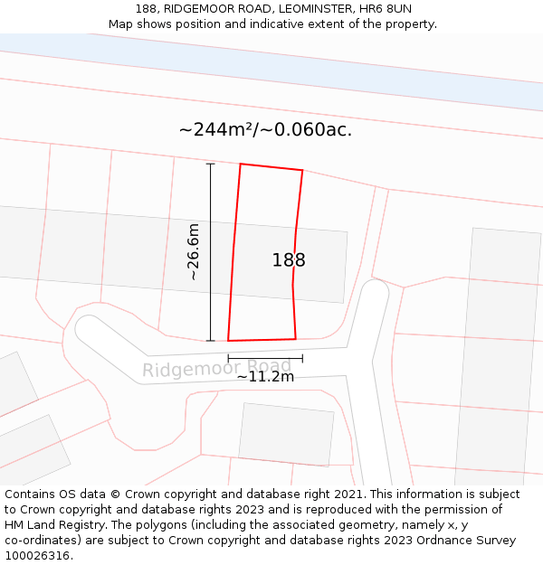 188, RIDGEMOOR ROAD, LEOMINSTER, HR6 8UN: Plot and title map