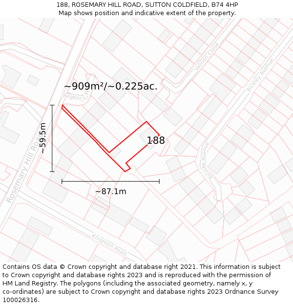 188, ROSEMARY HILL ROAD, SUTTON COLDFIELD, B74 4HP: Plot and title map