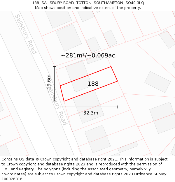 188, SALISBURY ROAD, TOTTON, SOUTHAMPTON, SO40 3LQ: Plot and title map