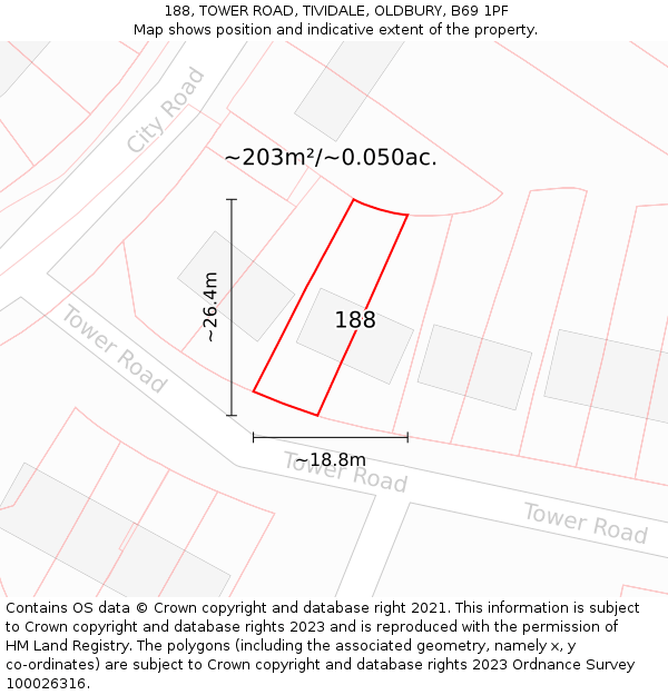 188, TOWER ROAD, TIVIDALE, OLDBURY, B69 1PF: Plot and title map