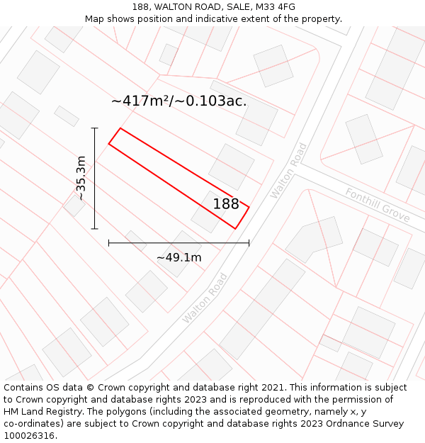 188, WALTON ROAD, SALE, M33 4FG: Plot and title map