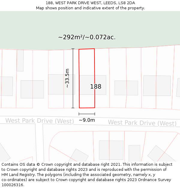 188, WEST PARK DRIVE WEST, LEEDS, LS8 2DA: Plot and title map