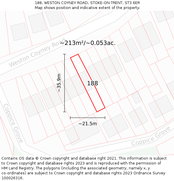 188, WESTON COYNEY ROAD, STOKE-ON-TRENT, ST3 6ER: Plot and title map