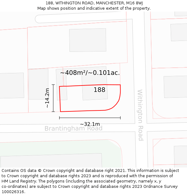 188, WITHINGTON ROAD, MANCHESTER, M16 8WJ: Plot and title map