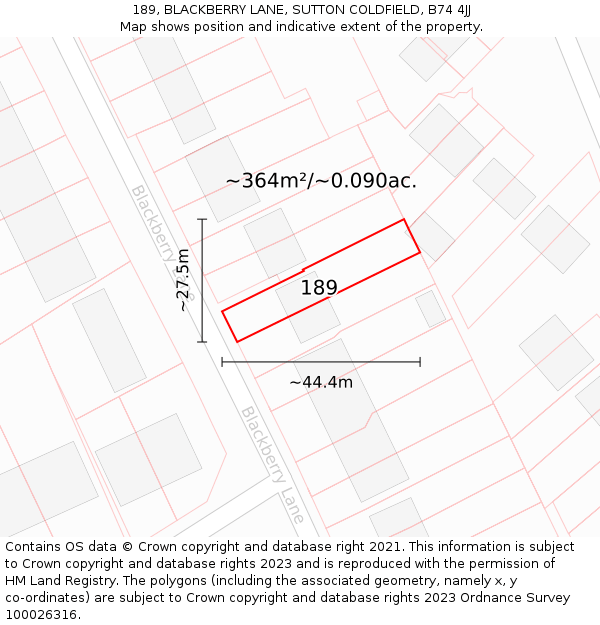 189, BLACKBERRY LANE, SUTTON COLDFIELD, B74 4JJ: Plot and title map