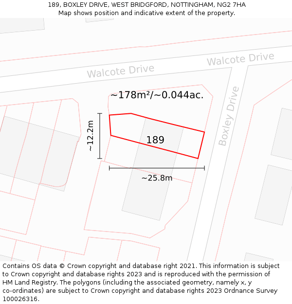 189, BOXLEY DRIVE, WEST BRIDGFORD, NOTTINGHAM, NG2 7HA: Plot and title map