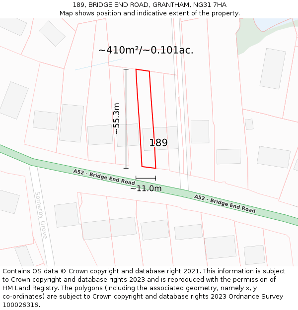 189, BRIDGE END ROAD, GRANTHAM, NG31 7HA: Plot and title map