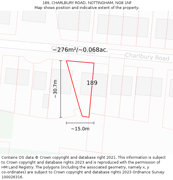 189, CHARLBURY ROAD, NOTTINGHAM, NG8 1NF: Plot and title map