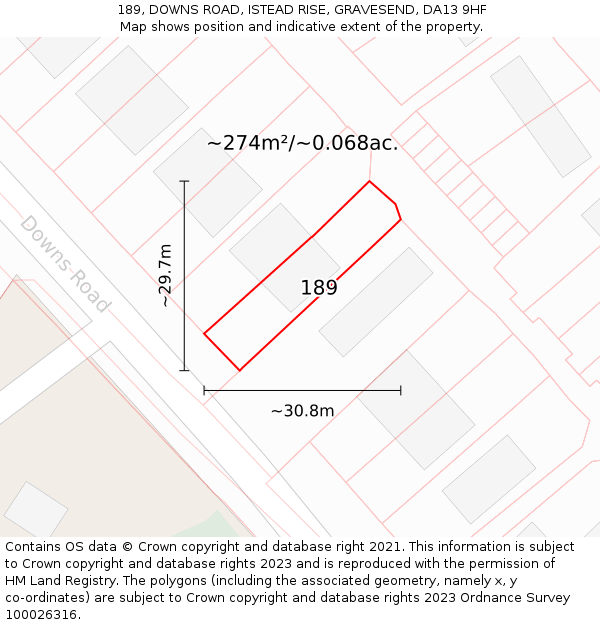 189, DOWNS ROAD, ISTEAD RISE, GRAVESEND, DA13 9HF: Plot and title map