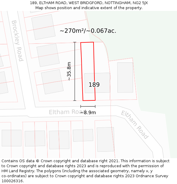 189, ELTHAM ROAD, WEST BRIDGFORD, NOTTINGHAM, NG2 5JX: Plot and title map