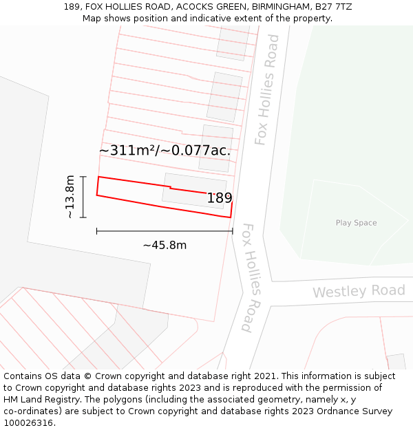 189, FOX HOLLIES ROAD, ACOCKS GREEN, BIRMINGHAM, B27 7TZ: Plot and title map