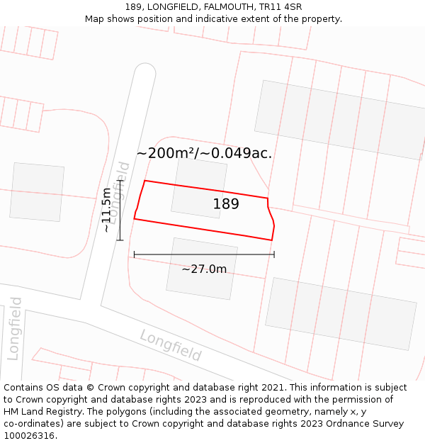 189, LONGFIELD, FALMOUTH, TR11 4SR: Plot and title map