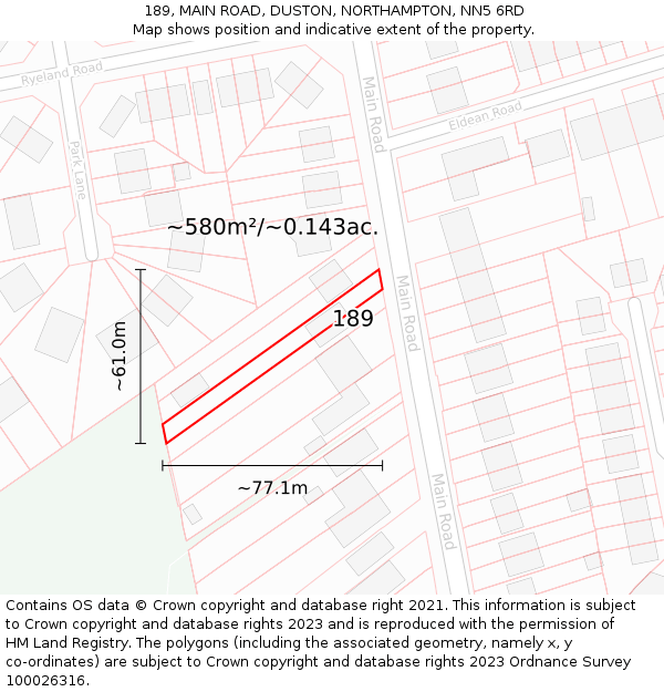 189, MAIN ROAD, DUSTON, NORTHAMPTON, NN5 6RD: Plot and title map