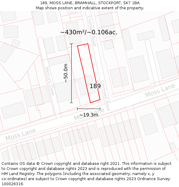 189, MOSS LANE, BRAMHALL, STOCKPORT, SK7 1BA: Plot and title map