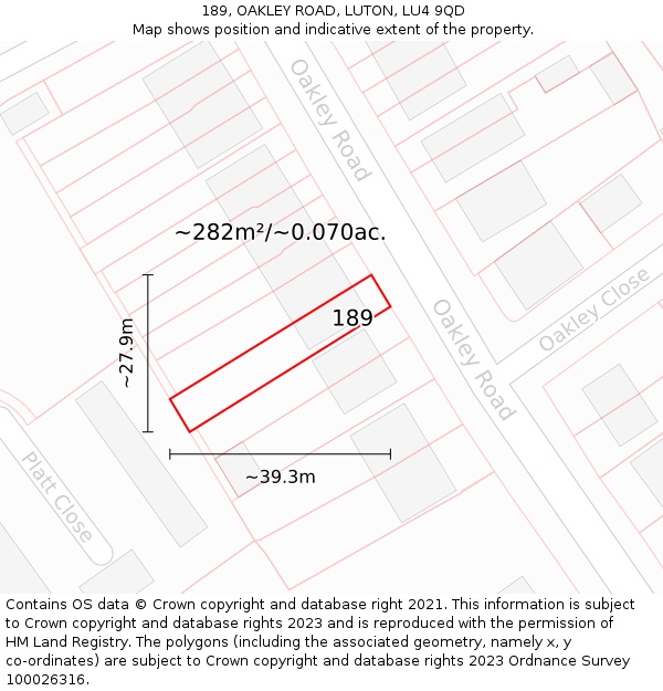 189, OAKLEY ROAD, LUTON, LU4 9QD: Plot and title map